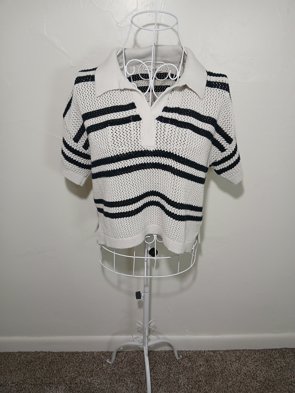 Y2K Happily Grey M Striped Pullover Short Sleeve Open-knit Polo Sweater
